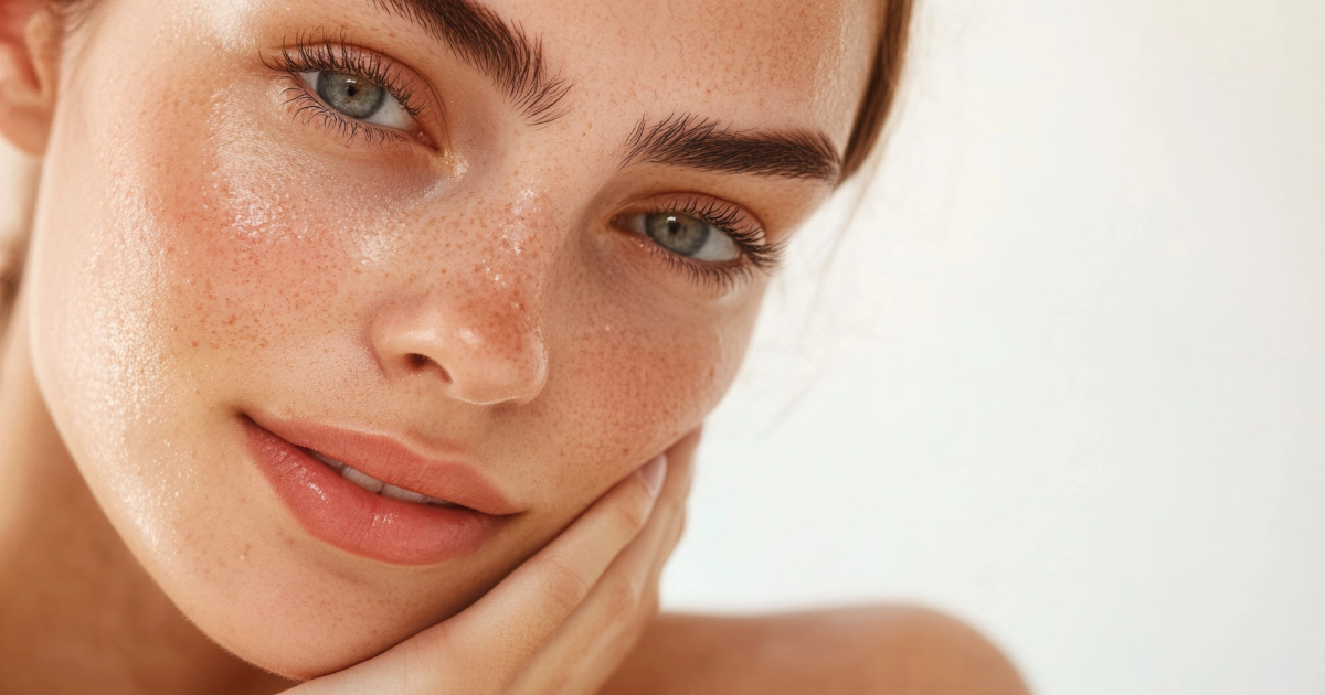 A close-up portrait of a woman with freckles, light blue eyes, and flushed cheeks, gently touching her face with one hand, highlighting Microchanneling in Myrtle Beach, SC.